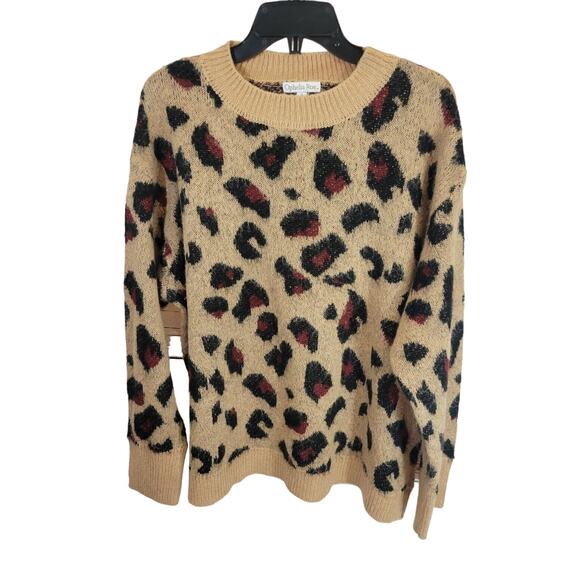 Ophelia Roe Brown Leopard Print Knit Crew Neck Pullover Sweater Women's Size 1X - Picture 1 of 12